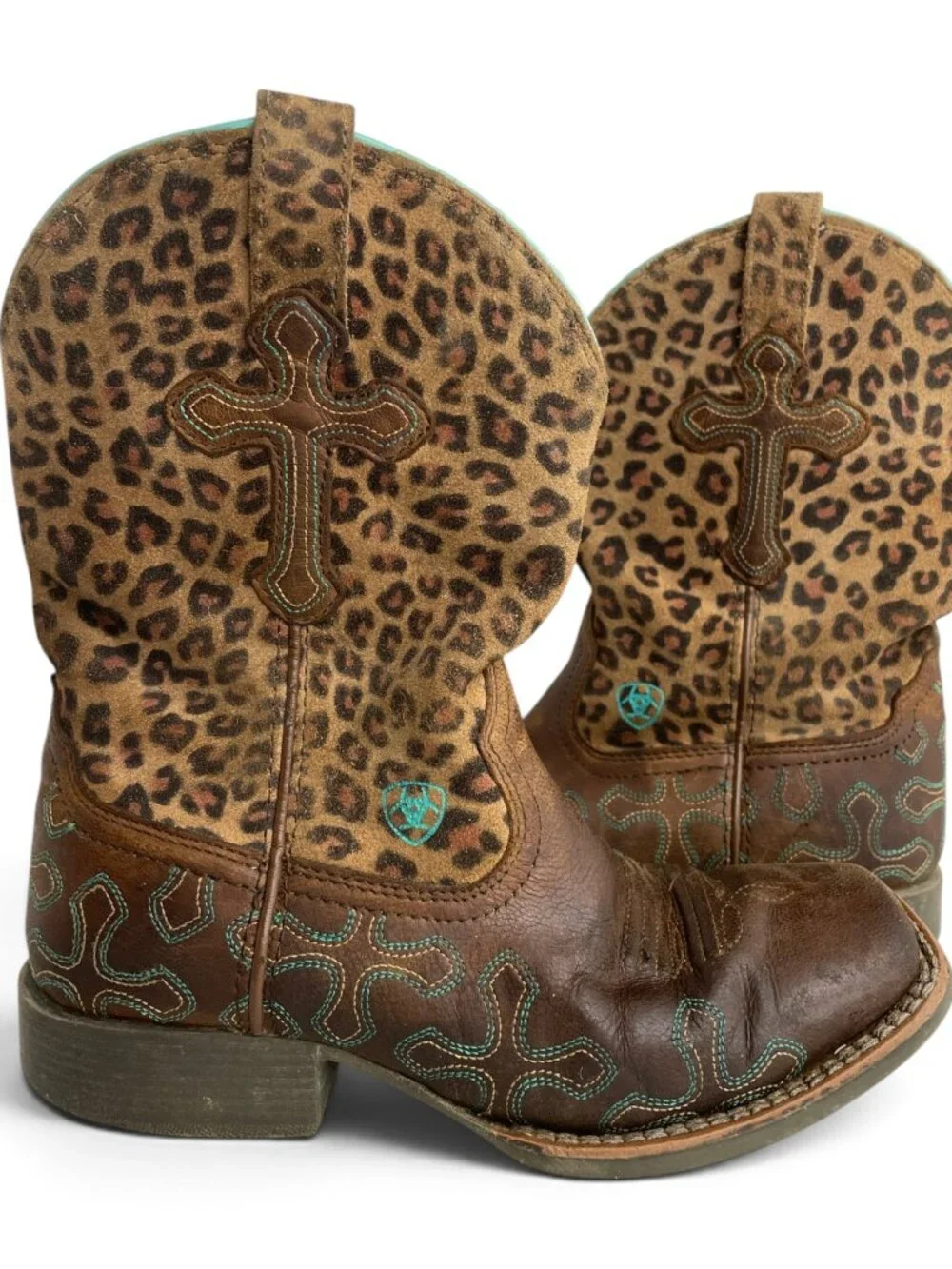 Ariat Crossroads Leopard Cross Leather Western Square Toe Boots Girls Kids 1